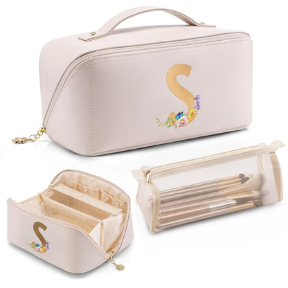 VLANDO Travel Makeup Bag with 180°Opening, Women Toiletry Case,Toffee