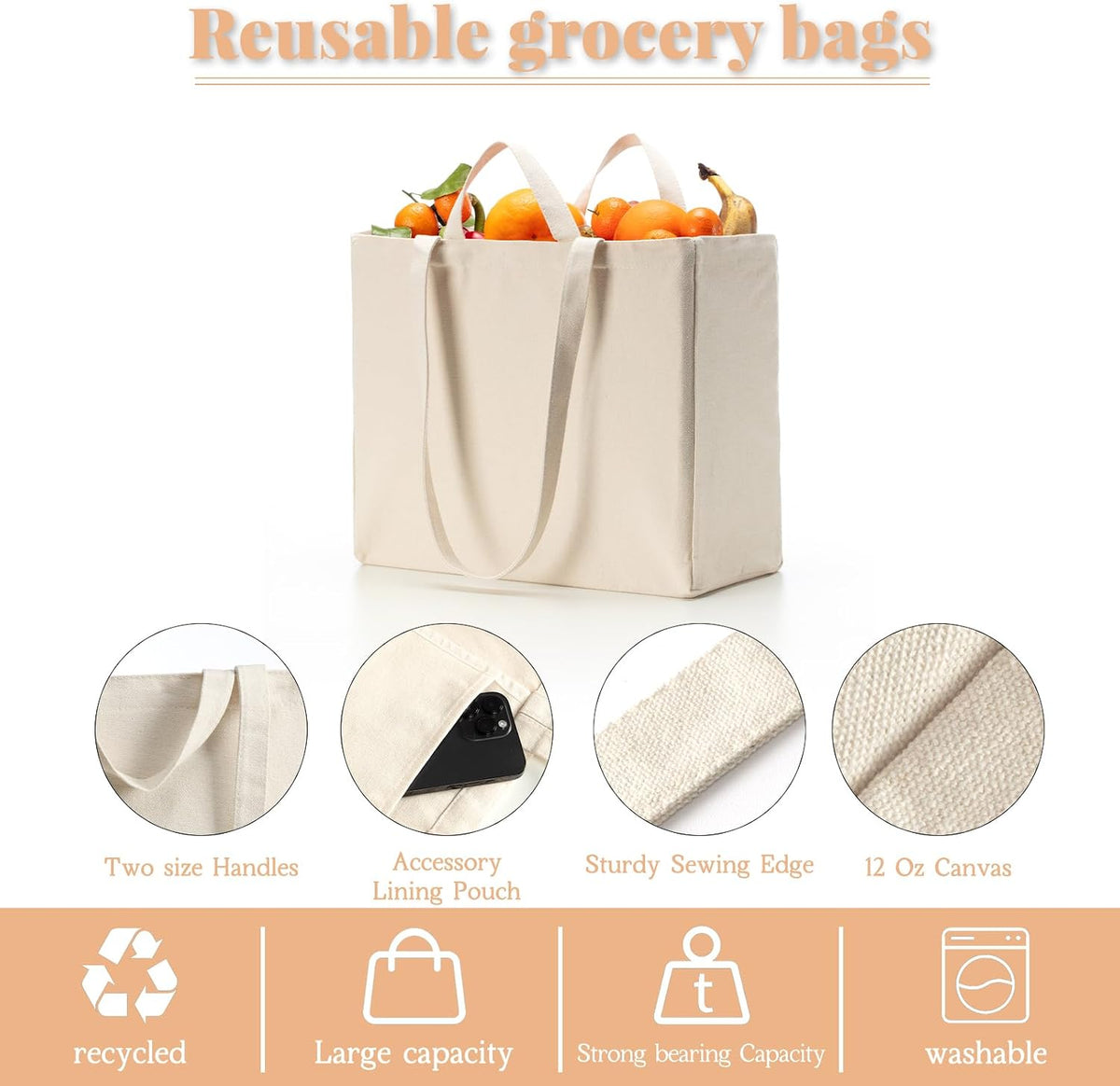LINICE 3 Pack Canvas Grocery Bags with Long Shoulder Strap and Short Handle