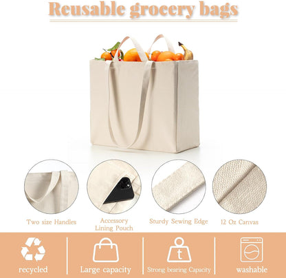 LINICE 3 Pack Canvas Grocery Bags with Long Shoulder Strap and Short Handle