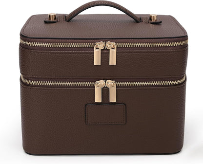HiTotes Large Makeup Bag Duo Vanity Case for Women Leather Makeup Case Travel Toiletry Bag Portable Double Layer Cosmetic Bag