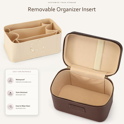 Makeup Bag Travel Toiletry Leather Cosmetic Case, Waterproof Makeup Organizer with Brush Holder, Wipe Clean Removable Divider Vanity Train Bag for Women, Brown Coffe