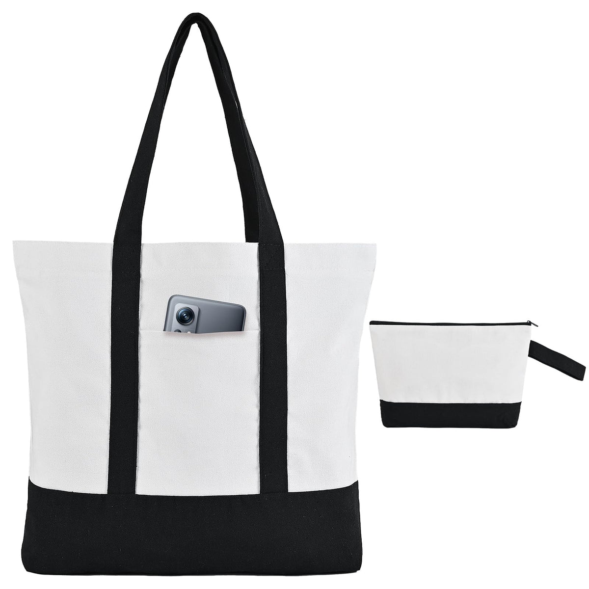 2-Pack Canvas Tote Bags and Makeup Bags, Cotton Zipper Bag, All Black