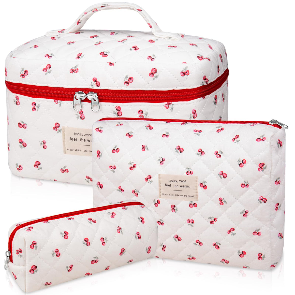 Gosect Makeup Bag Set, Quilted Makeup Bags, Large Floral Cosmetic Bag for Women, Cute Cotton Makeup Bags, Flower Travel Toiletry Organizer Bag (Folk Style)