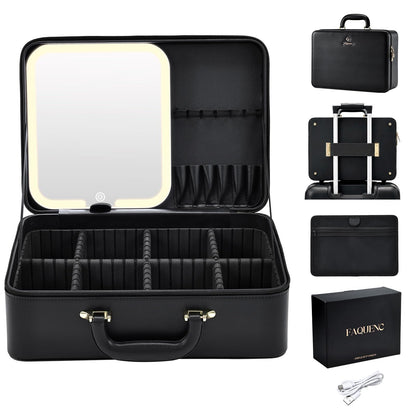 Faquenc Leather Makeup Case with LED Lighted Mirror 11.4 Inch Travel Makeup Bag Adjustable Brightness in 3 Colors Cosmetic Organizer Artist Storage Bag with Dividers Brush Holder Bag Vanity White