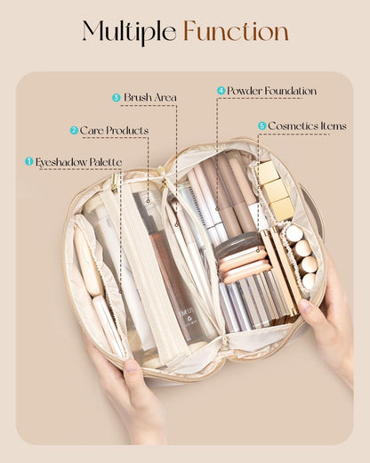 VLANDO Travel Makeup Bag with 180°Opening, Women Toiletry Case,Toffee