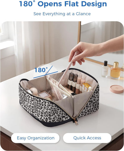 Makeup Bag for Women, Open Flat Puffy Organizer with Wipe-Clean PVC Lining