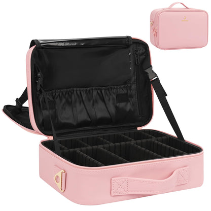 Relavel Makeup Case Large Makeup Bag Professional Train Case Travel Cosmetic Organizer Brush Holder Waterproof Makeup Artist Storage Box, 3 Layer Large Capacity, with Adjustable Strap, Rose Pink