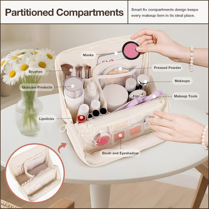 Abiudeng Standing Travel Makeup Bag Stand up Make up Bag Travel Toiletry Bag with Multiple Compartments Large Capacity for Women Business Trips Fitness and Daily Commutes (White)