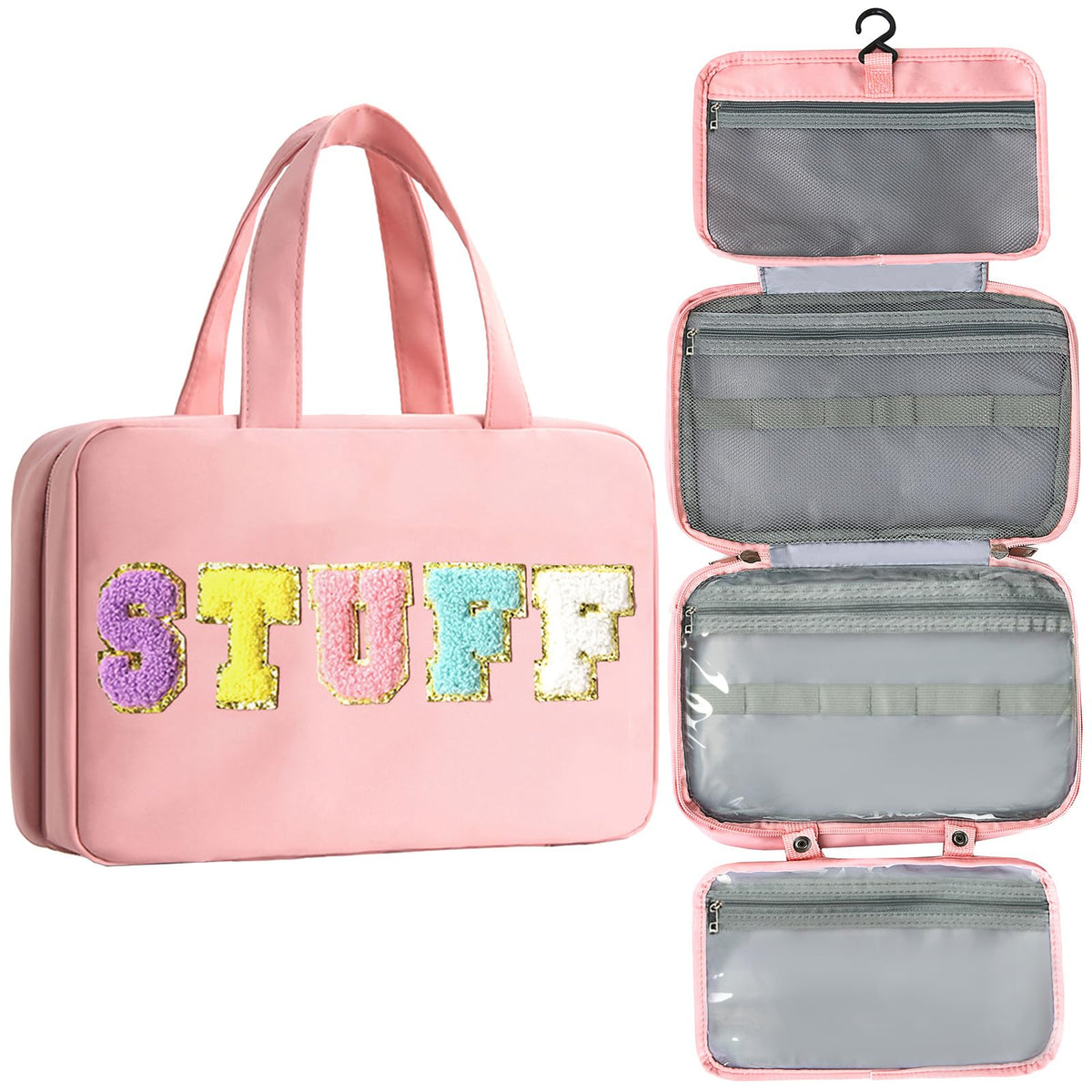 Toiletry Bag for Women Travel Water-resistant Cosmetic Bag Fashion Stripes Makeup Bag with Hanging Hook Preppy for Store Toiletries Cosmetic Accessories Medium Pink