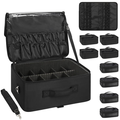 Relavel Rolling Makeup Case, Professional Makeup Artist Set Bag Cosmetic Organizer with 4 Clear Bags & Adjustable Dividers, Large Capacity Travel Train Case, Black