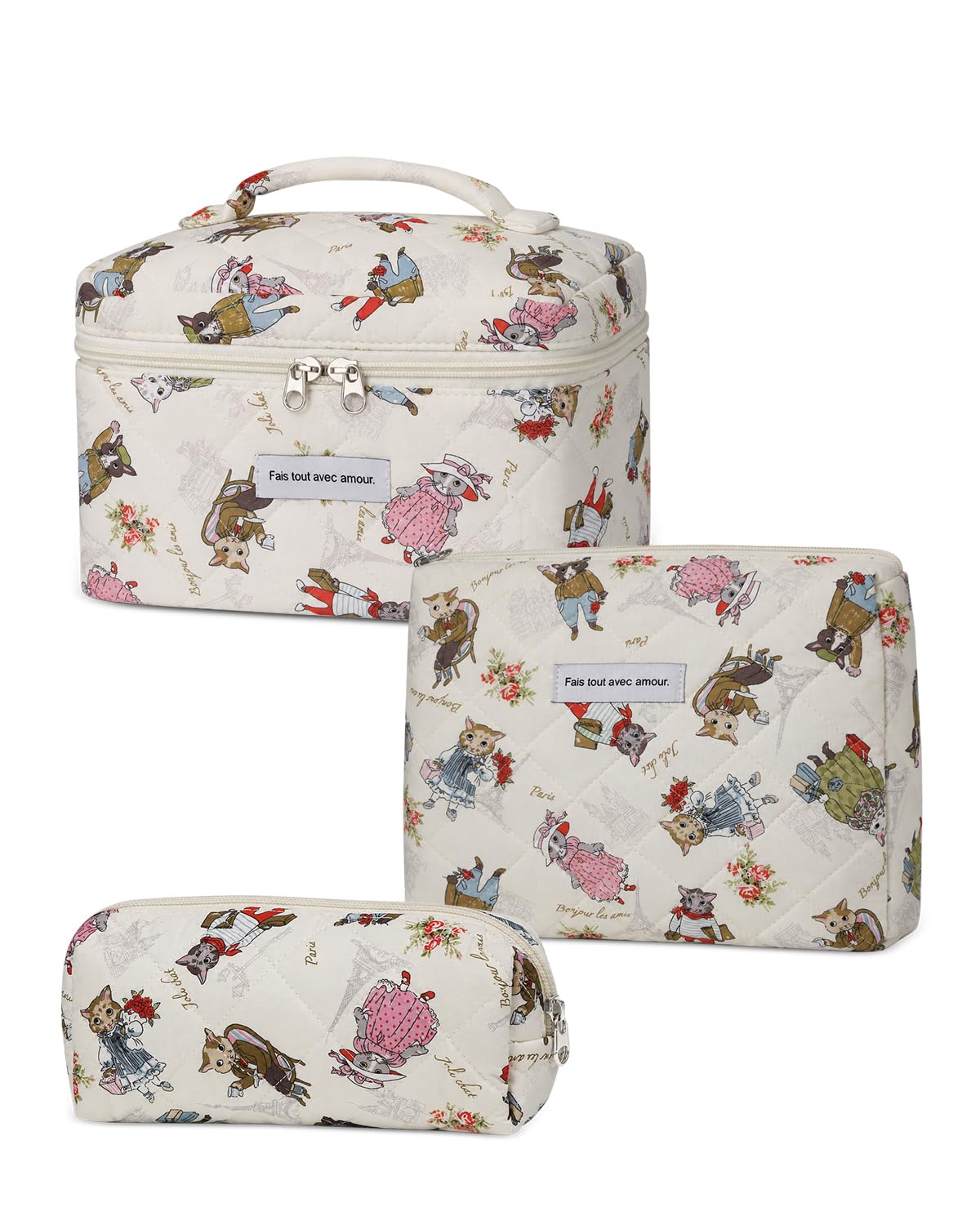 Gosect Makeup Bag Set, Quilted Makeup Bags, Large Floral Cosmetic Bag for Women, Cute Cotton Makeup Bags, Flower Travel Toiletry Organizer Bag (Folk Style)