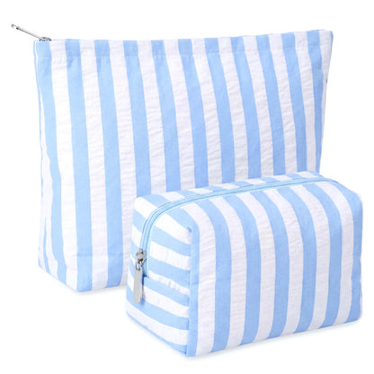 Huhumy 2 Pcs Makeup Bag Set for Women, Khaki, Thin Stripe