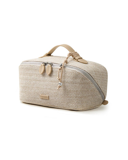 EACHY Makeup Bag, Woven Travel Toiletry Bag, Portable 180° Wide-Open Flat Cosmetic Bags for Women, Large Capacity Makeup Pouch with Divider and Handle