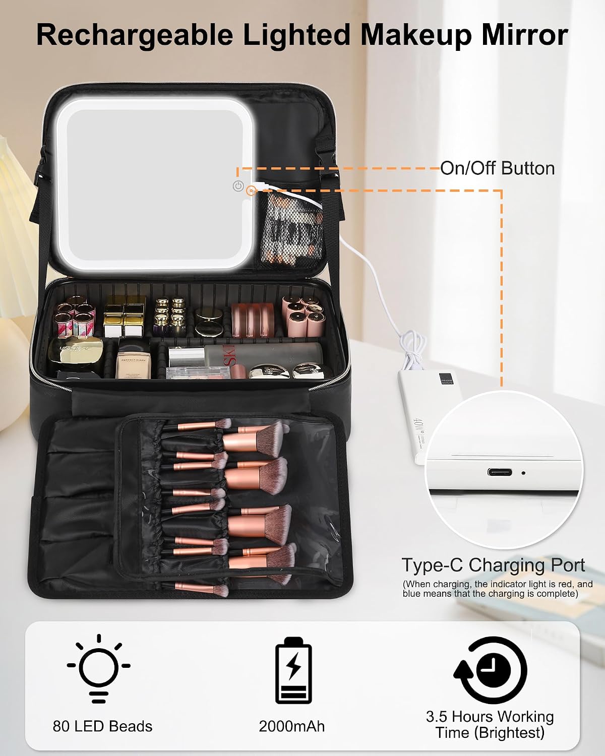 Chomeiu Makeup Bag with LED Mirror, Travel Cosmetic Bag with Shoulder Strap