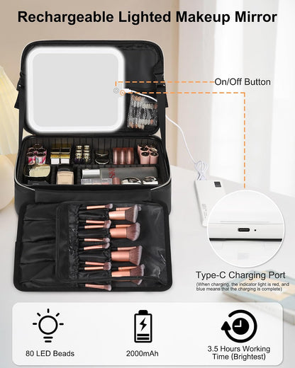 Chomeiu Makeup Bag with LED Mirror, Travel Cosmetic Bag with Shoulder Strap