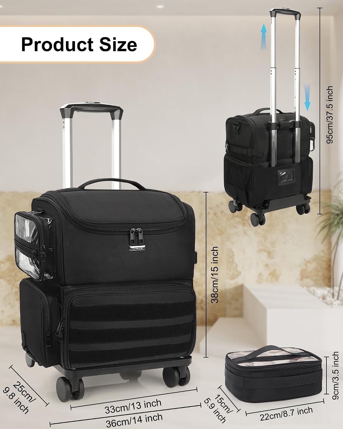 Relavel Rolling Makeup Case, Professional Makeup Artist Set Bag Cosmetic Organizer with 4 Clear Bags & Adjustable Dividers, Large Capacity Travel Train Case, Black