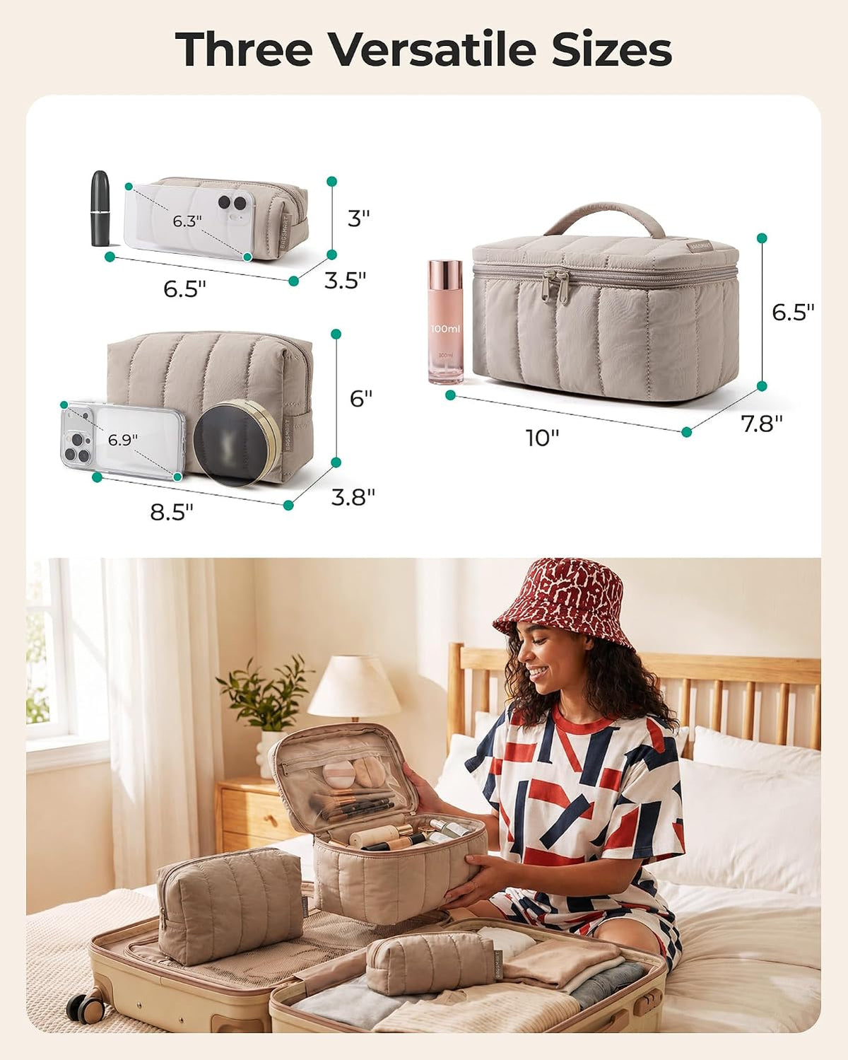 BAGSMART Travel Makeup Bag Set, Puffy Cosmetic Pouch, Checkered Khaki