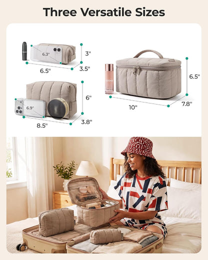 BAGSMART Travel Makeup Bag Set, Puffy Cosmetic Pouch, Checkered Khaki