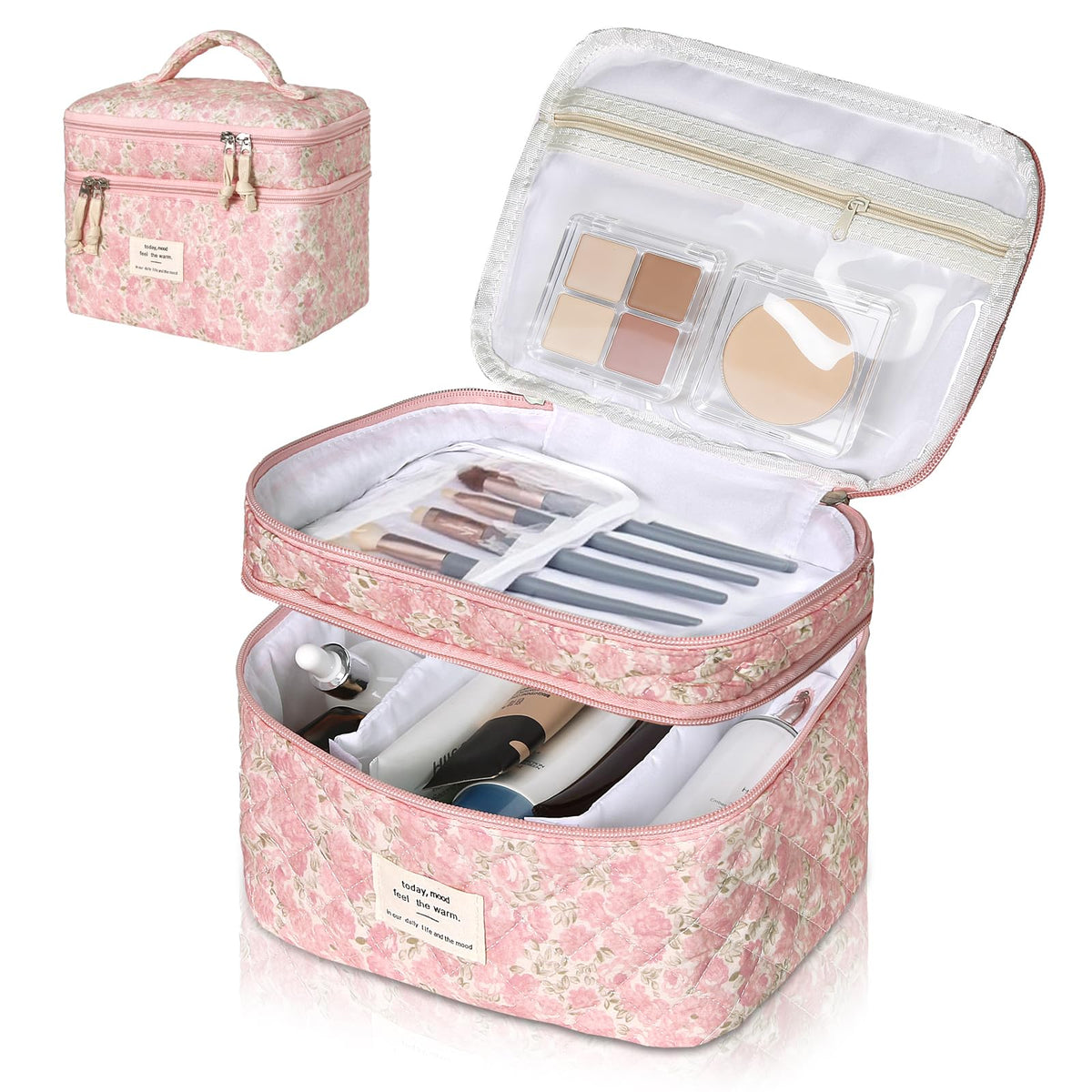 Gosect Makeup Bag Set, Quilted Makeup Bags, Large Floral Cosmetic Bag for Women, Cute Cotton Makeup Bags, Flower Travel Toiletry Organizer Bag (Folk Style)