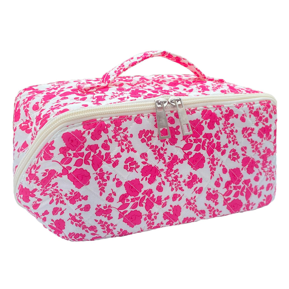 Rose Red Large Quilted Floral Makeup Bag Cute Soft Coquette Aesthetic Cosmetic Bag Cotton Travel Toiletry Bag for Women