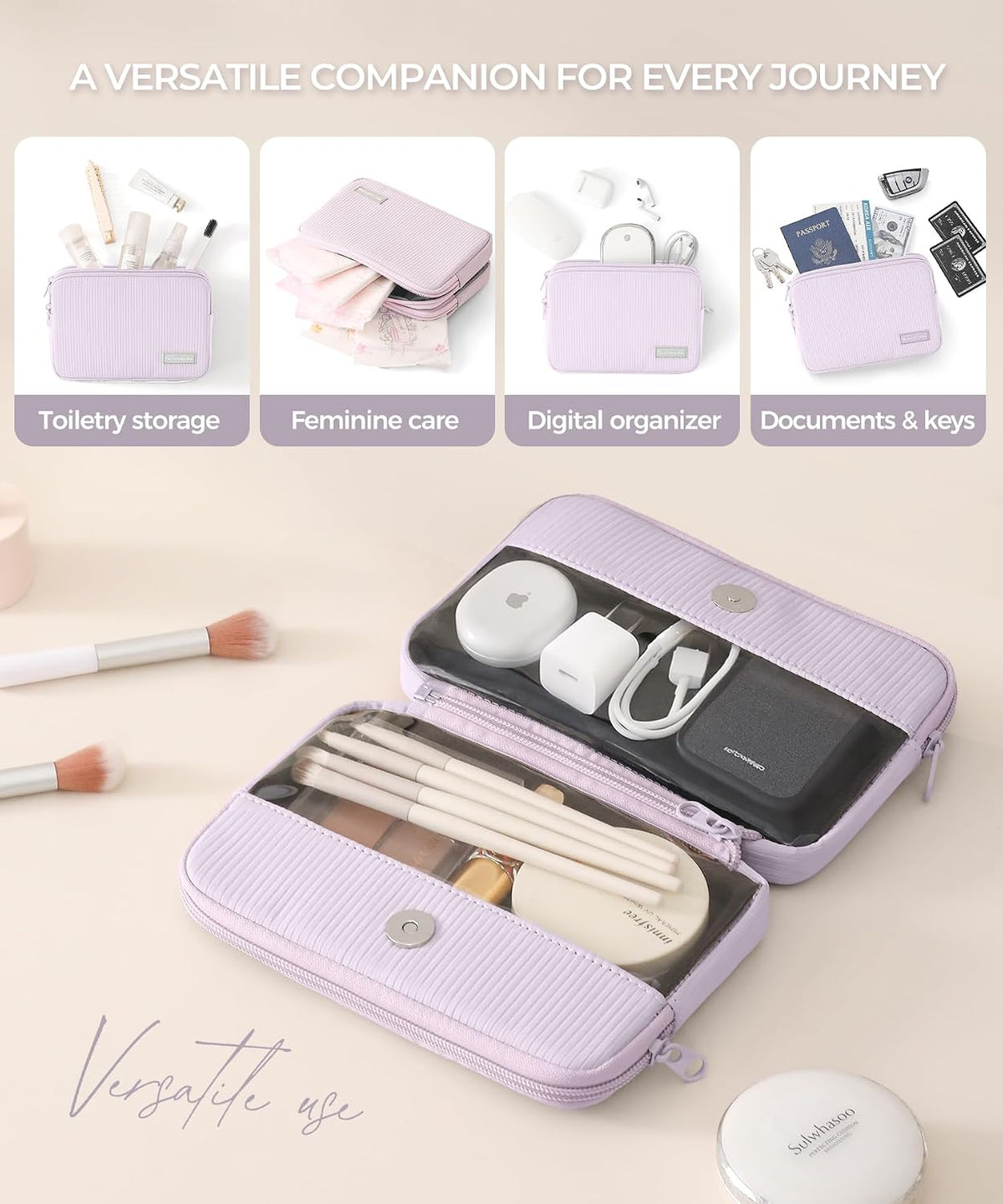 Preppy Makeup Bag, Rectangle Double Detachable Cosmetic Organizer, Clear Side Panel Portable Travel Pouches for In-Flight Essentials, Beauty & Tech Accessories, Gift for Women