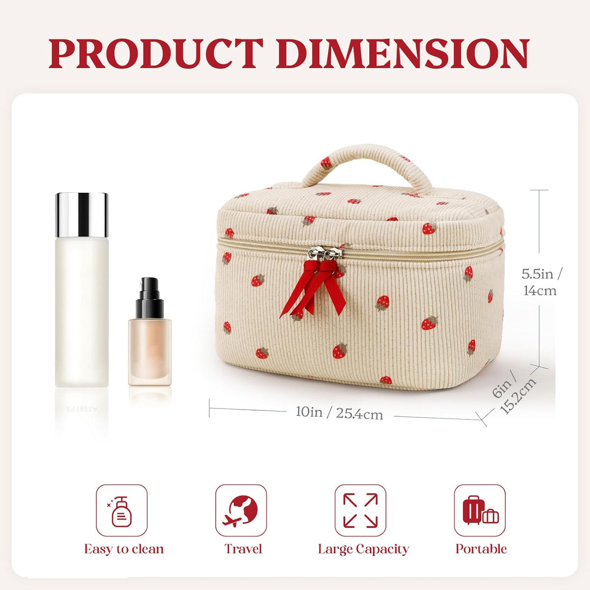 Prite Corduroy Makeup Bag Travel Toiletry Organizer for Women (Strawberry)