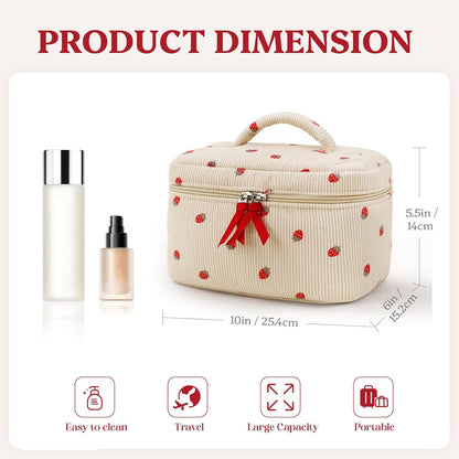 Prite Corduroy Makeup Bag Travel Toiletry Organizer for Women (Strawberry)