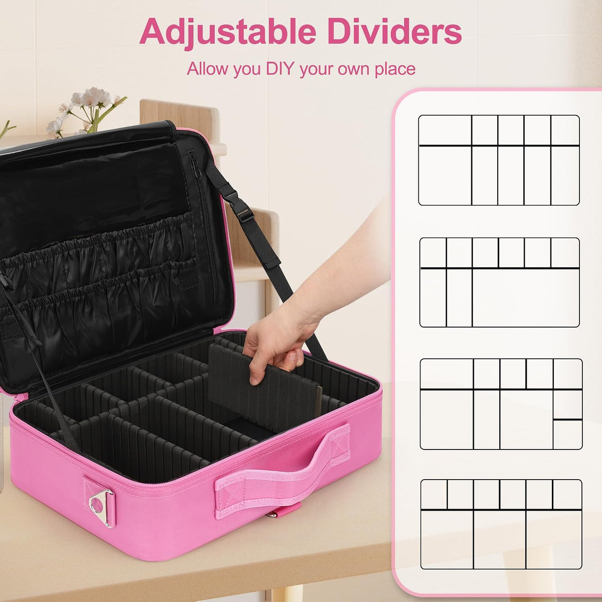Relavel Makeup Case Large Makeup Bag Professional Train Case Travel Cosmetic Organizer Brush Holder Waterproof Makeup Artist Storage Box, 3 Layer Large Capacity, with Adjustable Strap, Rose Pink