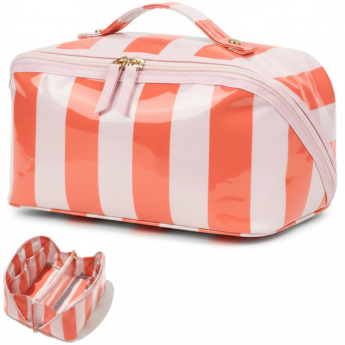 Preppy Stripe Clear Travel Makeup Bag, Waterproof Glossy PVC Cosmetic Organizer with Handle, Large Capacity Toiletry Bag for Women,Travel Organizer Zipper Pouch Beach Vacation Essentials (Pink White)