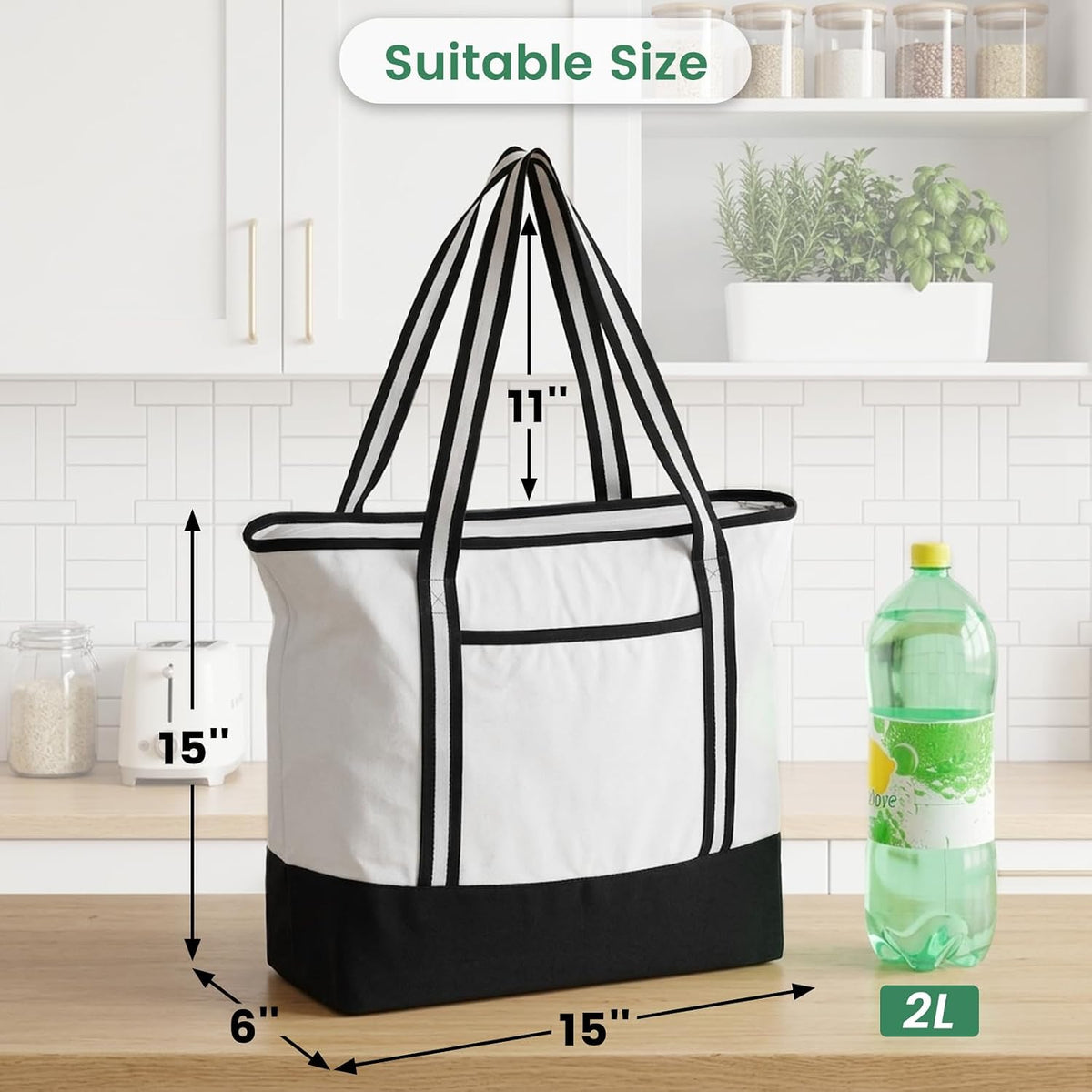 Carbrea 15 Inch Large Canvas Tote Bag with Bottom Support, White, 1 Pack