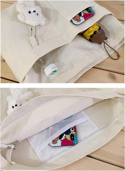 Cotton Tote Handbag Women Canvas Crossbody Beach Bag Hobo Shoulder Tote Bag with 3 External Pocket,Zipper Closure