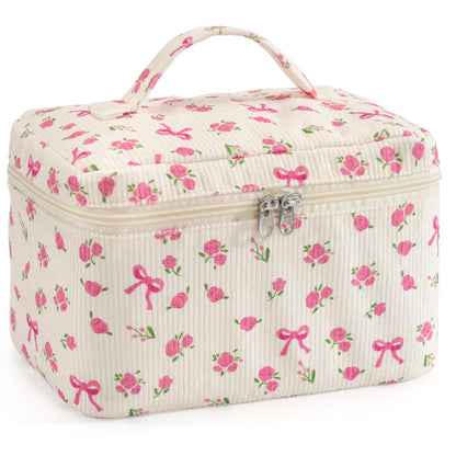 Makeup Bag for Women Quilted Cotton Make Up Bag Travel Cosmetic Bag Large Makeup Bag Cute Makeup Bags Organizer Floral Toiletry Bag Makeup Pouch for Purse, Pink Floral A-1PCS