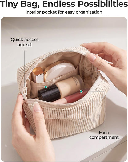 BAGSMART Small Corduroy Makeup Bag, Cosmetic Pouch for Women with Pocket