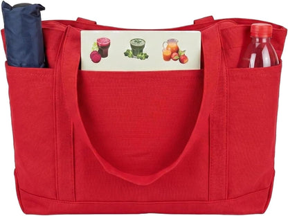 Large Canvas Tote Bag with Zipper, Multi Pockets for Work Travel