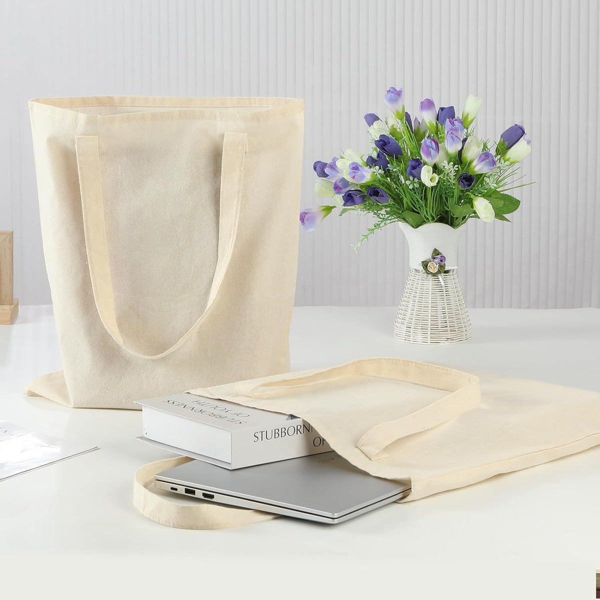 Carbrea 12 Pack Thin Canvas Tote Bags Bulk, Reusable Grocery Bags - Beige