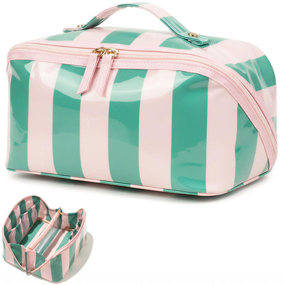 Preppy Stripe Clear Travel Makeup Bag, Waterproof Glossy PVC Cosmetic Organizer with Handle, Large Capacity Toiletry Bag for Women,Travel Organizer Zipper Pouch Beach Vacation Essentials (Pink White)