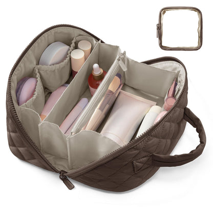 LOVEVOOK Travel Makeup Bag for Women, 2Pcs Puffer Waterproof Cosmetic Organizer, Large Capacity Pouch Open Flat Small Toiletry Bag with Brush Compartment & Handle (Pink, Medium)