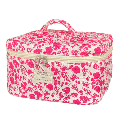 Rose Red Large Quilted Floral Makeup Bag Cute Soft Coquette Aesthetic Cosmetic Bag Cotton Travel Toiletry Bag for Women