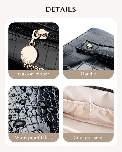 Make Up Bag, Cosmetic Organizer for Women, Waterproof Croc PU Leather Makeup Organizer with Divider and Handle Toiletry Bag Travel Bag (Croc Embossed, Black)