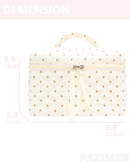 Quilted Makeup Bag for Women, Travel Cosmetic&Toiletry Bag,Gauze Heart