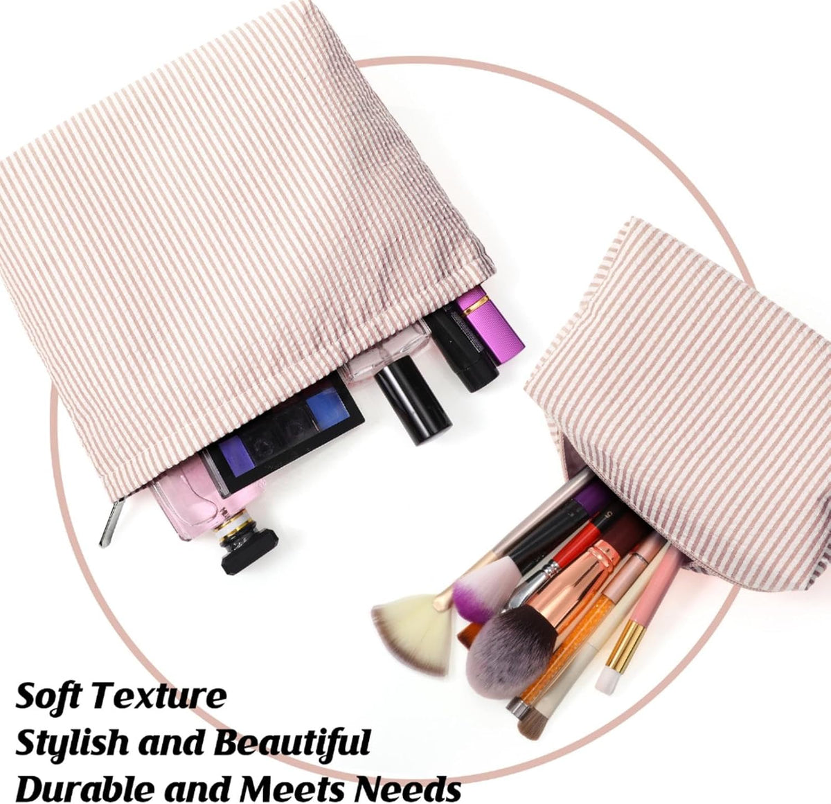 Huhumy 2 Pcs Makeup Bag Set for Women, Khaki, Thin Stripe
