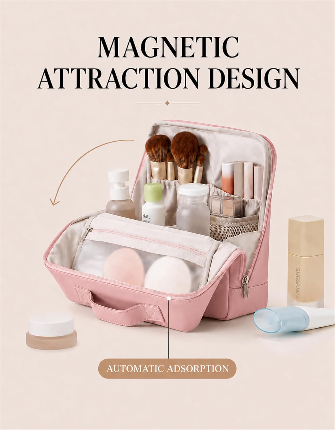 Standing Travel Makeup Bag, Large Cosmetic and Toiletry Bag Organizer
