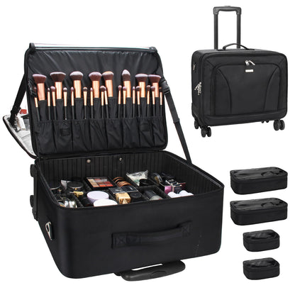 Relavel Rolling Makeup Case, Professional Makeup Artist Set Bag Cosmetic Organizer with 4 Clear Bags & Adjustable Dividers, Large Capacity Travel Train Case, Black