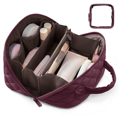 LOVEVOOK Travel Makeup Bag for Women, 2Pcs Puffer Waterproof Cosmetic Organizer, Large Capacity Pouch Open Flat Small Toiletry Bag with Brush Compartment & Handle (Pink, Medium)
