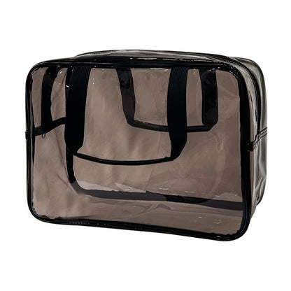 PVC Clear Pure Color Transparent Large Zipper Cosmetic Pouch Travel Makeup Cosmetic Bag with Handle for Travel Bathroom Toiletry Organizer (Clear+Black Handle)