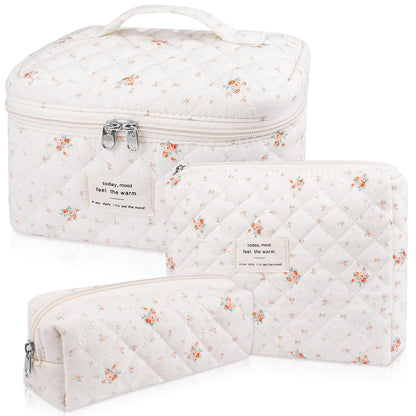 Gosect Makeup Bag Set, Quilted Makeup Bags, Large Floral Cosmetic Bag for Women, Cute Cotton Makeup Bags, Flower Travel Toiletry Organizer Bag (Folk Style)