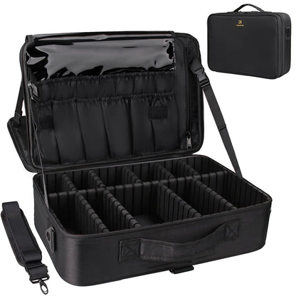 Relavel Makeup Case Large Makeup Bag Professional Train Case Travel Cosmetic Organizer Brush Holder Waterproof Makeup Artist Storage Box, 3 Layer Large Capacity, with Adjustable Strap, Rose Pink