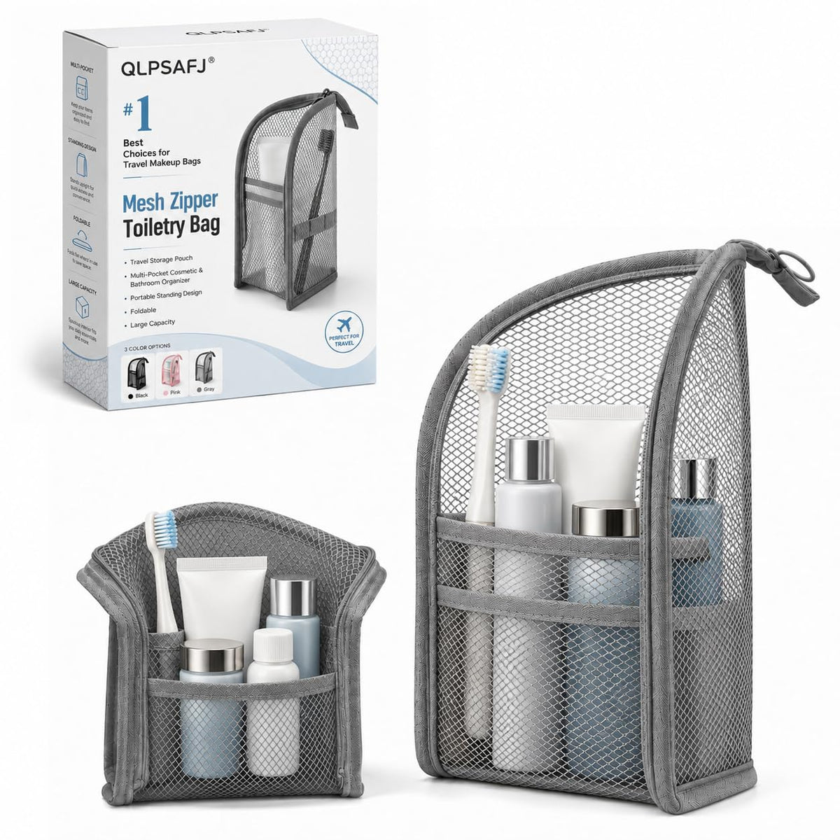 Mesh Zipper Toiletry Bag for Travel Storage Pouch Multi-pocket Travel Cosmetic Bathroom Count Hanging Organizer Portable Standing Makeup Foldable Clear Waterproof EVA Large Capacity(2pc-c)