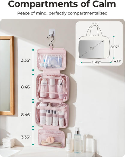 BAGSMART Travel Toiletry Bag for women, Portable Hanging Hook Makeup Bag Organizer, Waterproof Makeup Cosmetic Bag, for Full-Size Accessories, Toiletries, Beige