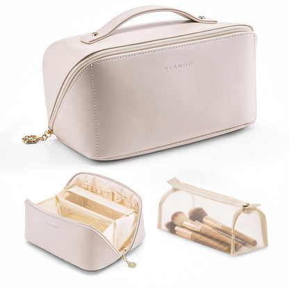 VLANDO Travel Makeup Bag with 180°Opening, Women Toiletry Case,Toffee
